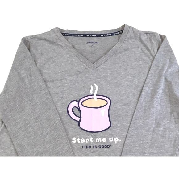 Life is Good Coffee Start Me Up V-Neck Sleep Shirt Gray NWT Med - Picture 3 of 4